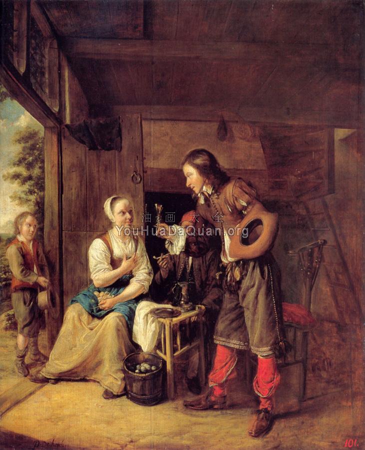 A Man Offering A Glass of Wine to a Woman - 皮特尔·德·胡格